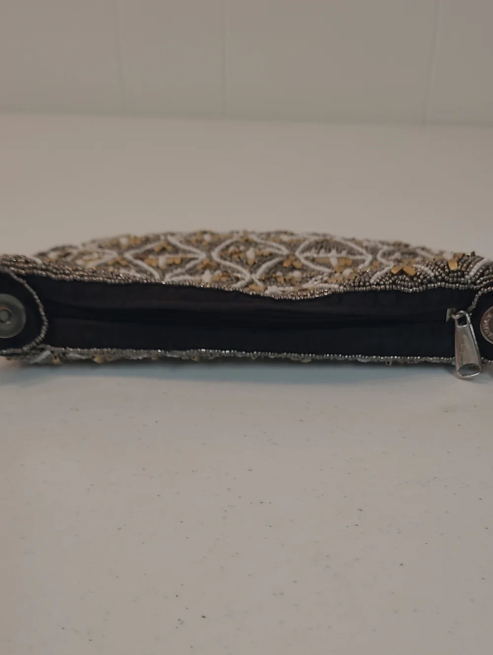 Versona Embellished Black and Gold Metallic & Pearls Evening Dressy Wristlet Bag